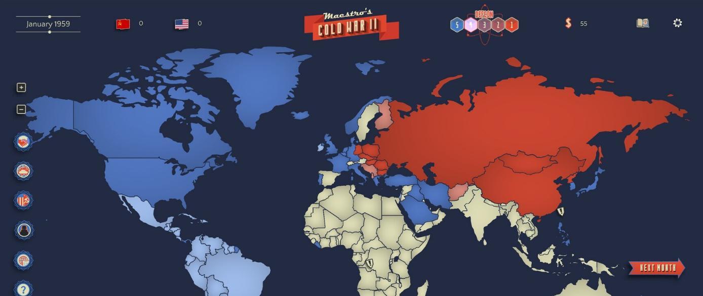 Carte du monde de Cold War 2 : blocs américain et soviétique en 1959, icônes d'actions à gauche, niveau Defcon en haut