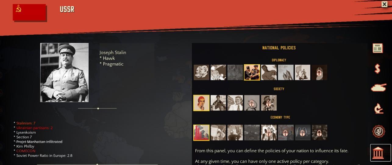 Écran des politiques nationales de l'URSS dans Cold War 2 : portrait de Staline, listes de politiques de diplomatie, société et économie