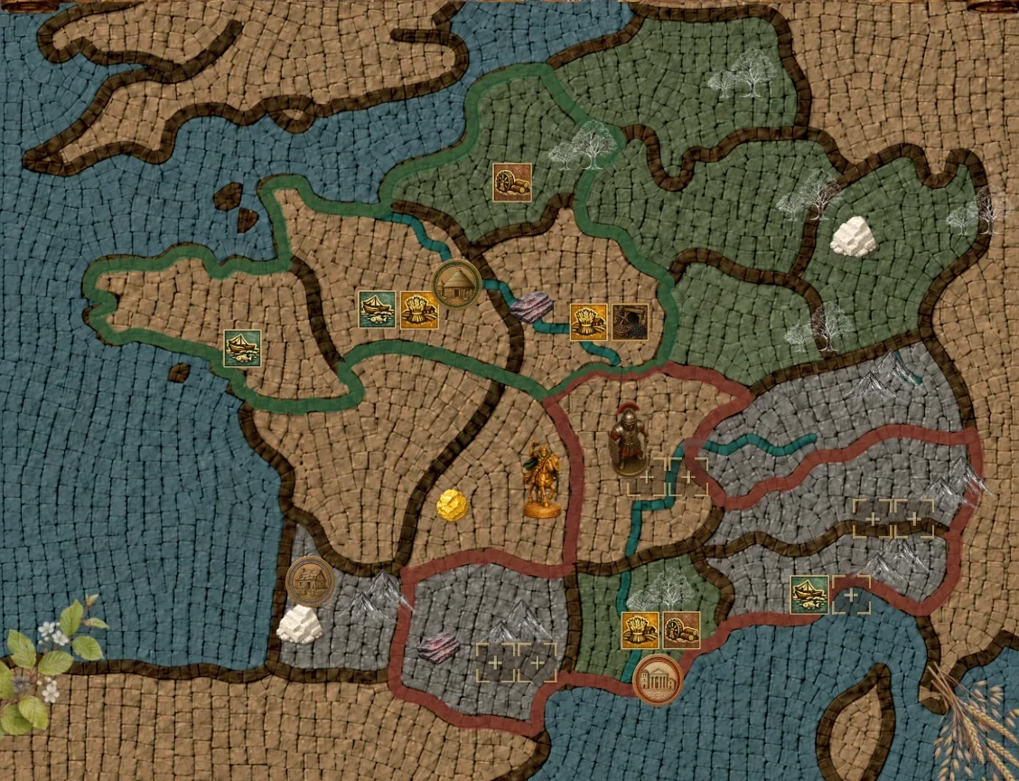 Carte stratégique en mosaïque de Rise and Ruin of Ancient Empires, avec provinces, armées et bâtiments