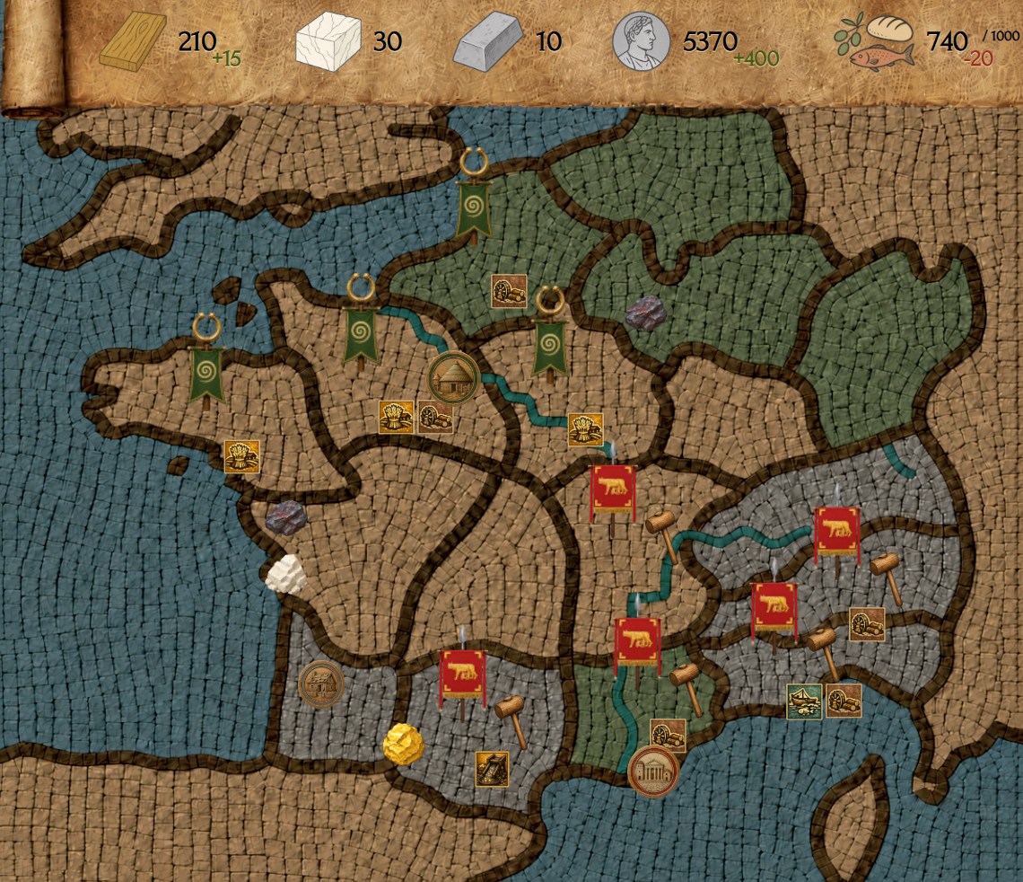 Carte stratégique en mosaïque de Rise and Ruin of Ancient Empires, avec ressources, provinces et armées